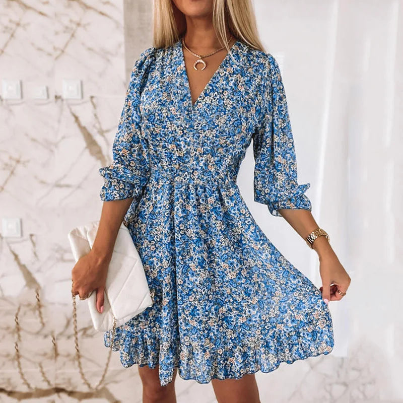 New Mid length Dress Waist Pullover Bohemian Printed Short Sleeve Fragmented Flower Dress  Amaijoin