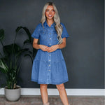 Load image into Gallery viewer, 2024 Spring Summer New Women&#39;s Clothing Solid Color Short Sleeve Lapel Casual Denim Dress High Waist Dress  Amaijoin
