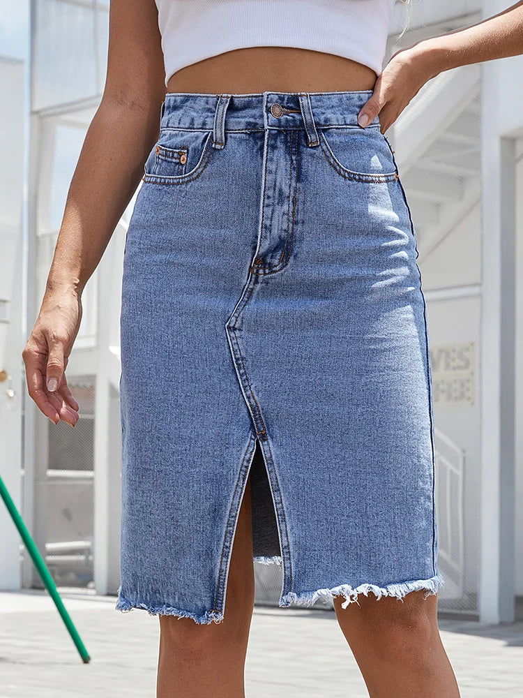 Benuynffy Zipper Fly Raw Hem Split Denim Skirt Women Spring and Summer High Waist Jeans Skirt Female Casual Bodycon Midi Skirts  Amaijoin