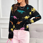 Load image into Gallery viewer, Dinosaurs Print Crew Neck Pullover Sweater  Y2K Long Sleeve Color Block Knitted Sweater For Spring &amp; Summer  Women&#39;s Clothing  Amaijoin
