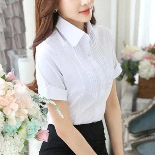 White Shirt Women Short Sleeve Blouse Working Clothes 2024 Summer Sweet Womens Tops Button Up Shirts OL Elegant Female Clothing  Amaijoin