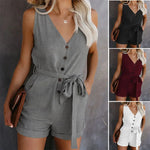 Load image into Gallery viewer, Women&#39;s Casual V-neck Monochromatic Jumpsuit, Five-Point Shorts, European and American, Summer, New, 2022  Amaijoin
