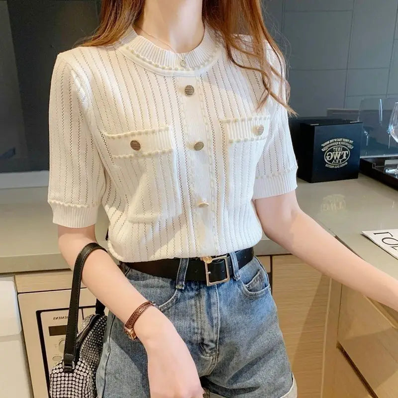 2023 Summer New French GentleIce Silk Round Neck Short Sleeve T-shirt Women's Solid Button Small Fragrant Wind Knitted Slim Top  Amaijoin