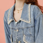 Load image into Gallery viewer, Denim Short Coat Women Lovely Autumn Pearls Buttons Lapel Loose Jacket Korean Fashion Female Casual Light Blue Street Outwear  Amaijoin
