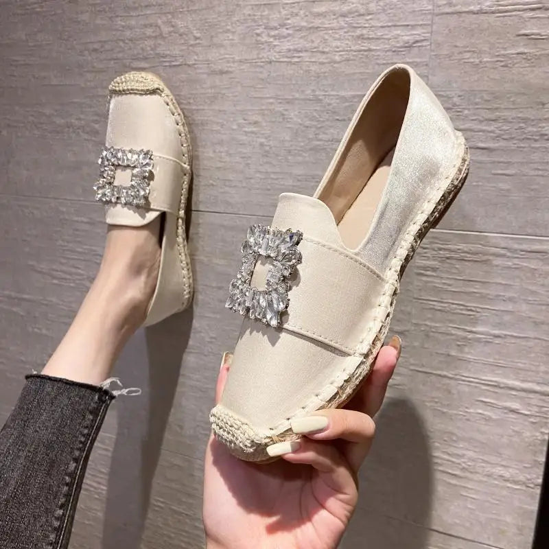 Luxury Satin Silk Espadrille Moccasins Woman Big Square Crystal Buckle Loafers Ladies Brand Design Elegant Slip-on Fishman Shoes  Amaijoin