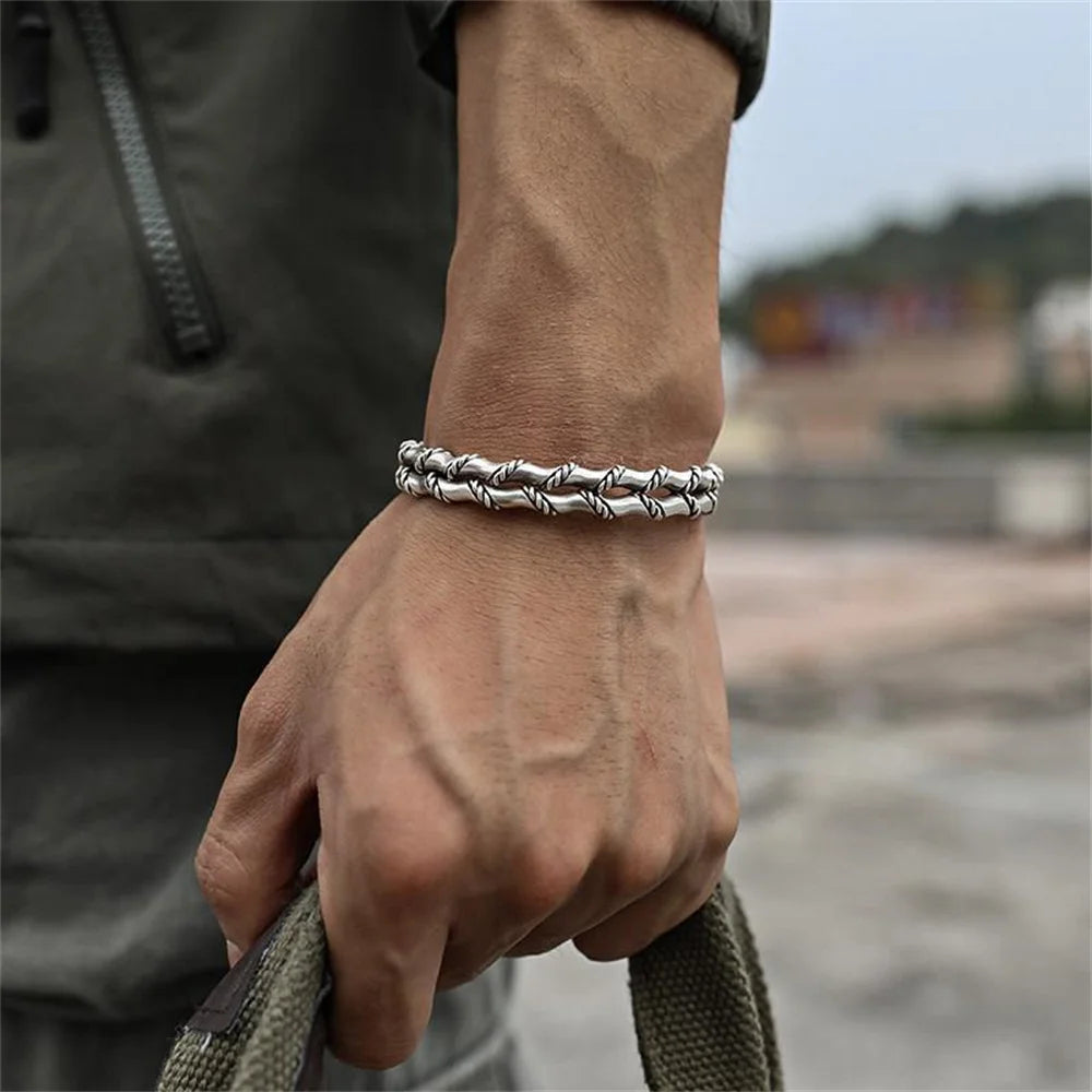 Fashionable Cuban Braided Double Layer Bamboo Open Bracelet Hip Hop Silver Color Men's Bracelet Street Party Jewelry  Amaijoin