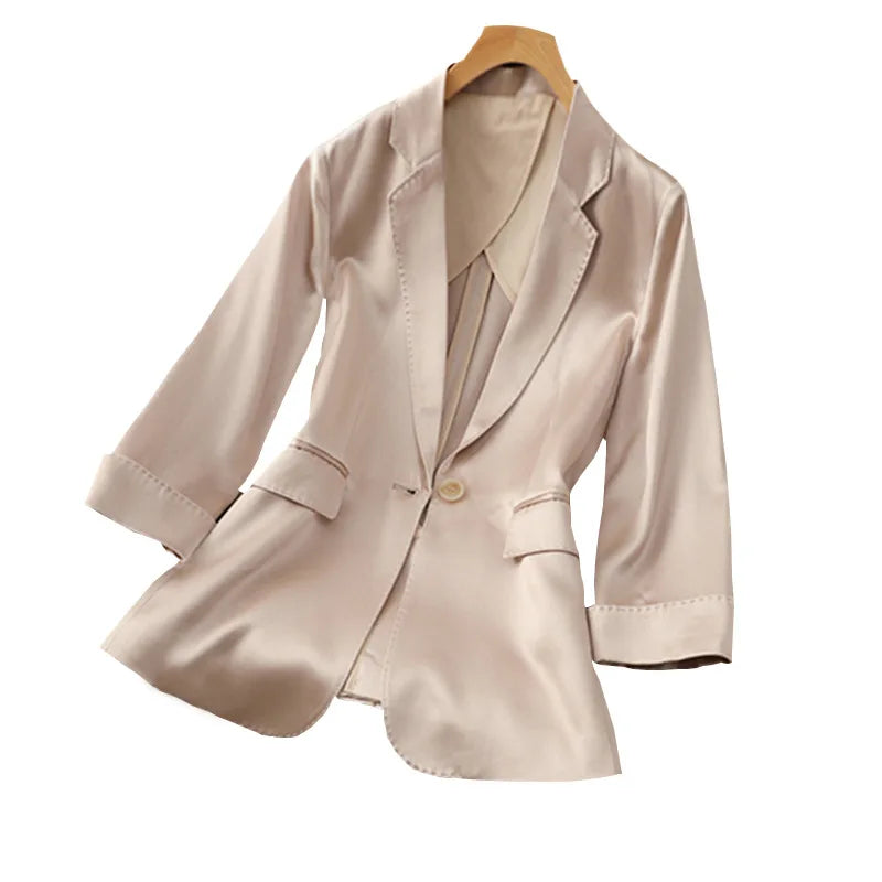 Champagne color Triacetic Acid fabric women blazers Small Suits coat Slim Fitting Waist Closing Silk Satin Suits Thin Coats  Amaijoin