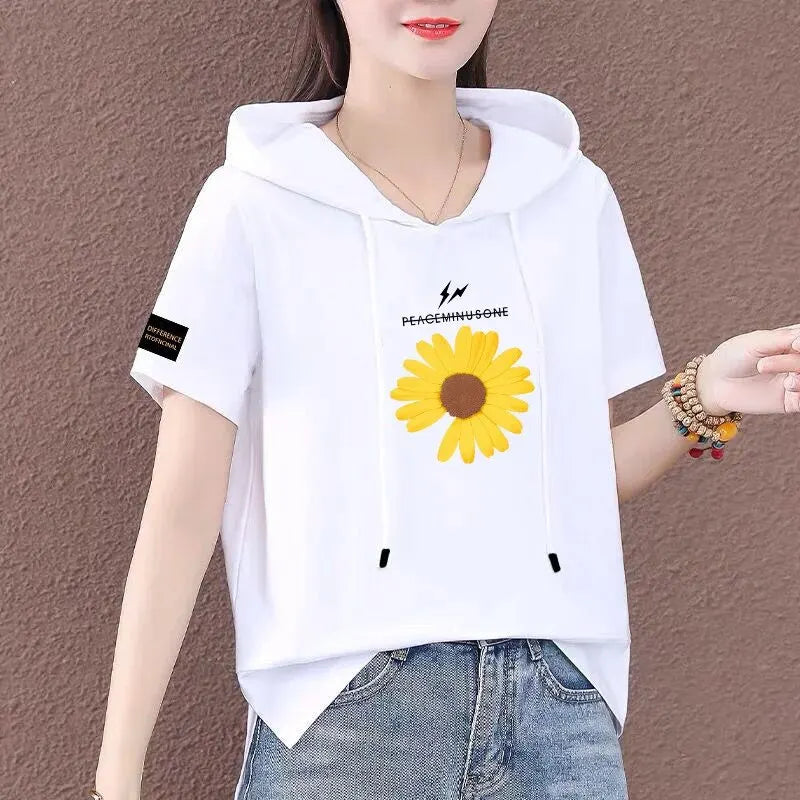 Short Sleeve Summer Thin White T-shirt Women Casual Fashion Top Loose Style Polyester Fabric Cartoon Design  Amaijoin