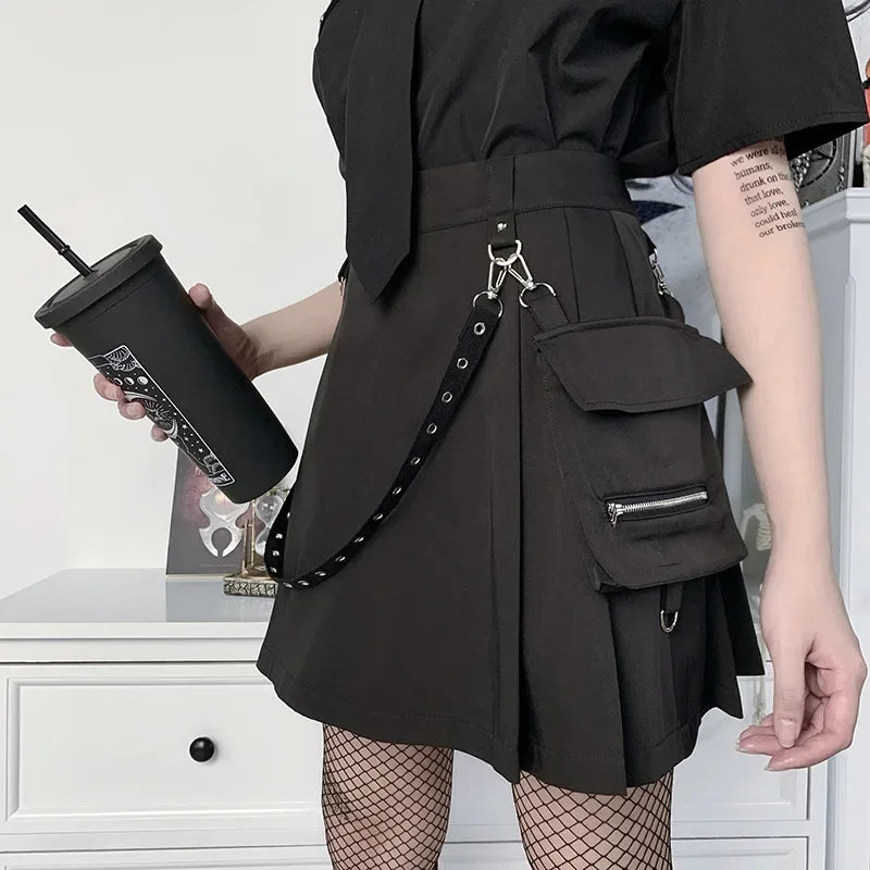 Harajuku Punk Gothic Black High Waist Black Skirts Women Sexy Patchwork Bandage Mini Female Streetwear Black Skirt  Amaijoin