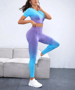 Load image into Gallery viewer, 2pcs Workout Yoga Sets, Short Sleeve Cropped Top &amp; High Waist Running Leggings, Women&#39;s Activewear  Amaijoin
