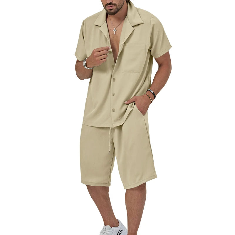 Men's Summer Casual Short Sleeved Shorts Simple Family Set Shirt Outdoor 2-Piece Breathable Beach Set  Amaijoin