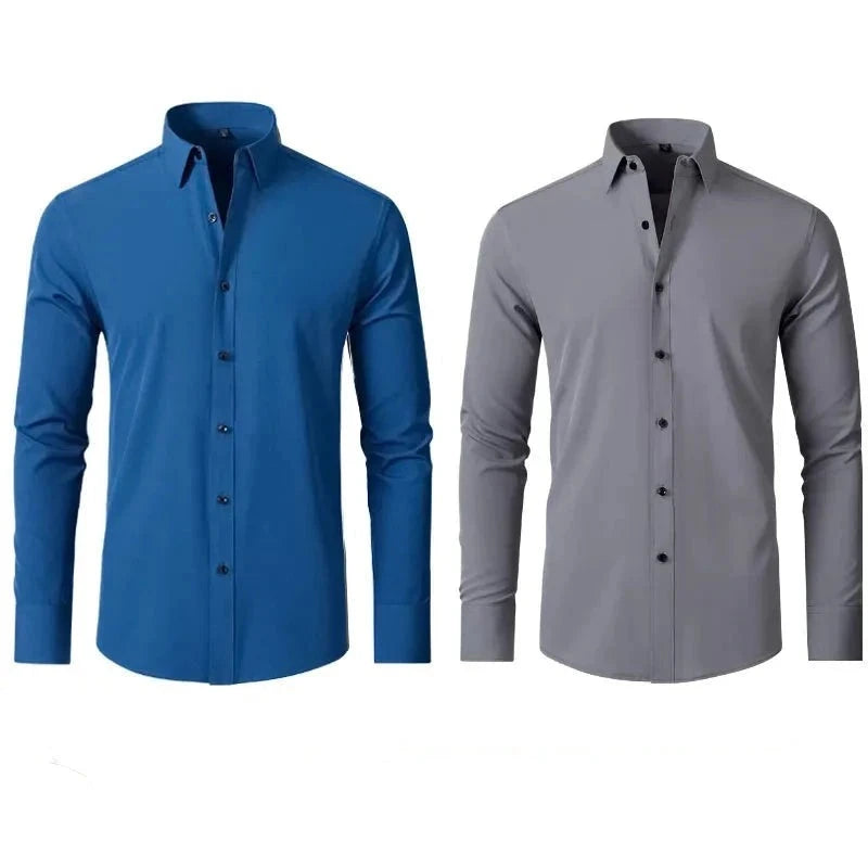 6xl New Spring and summer  elastic force non-iron men's long-sleeved business casual shirt solid color mercerized vertical shirt  Amaijoin