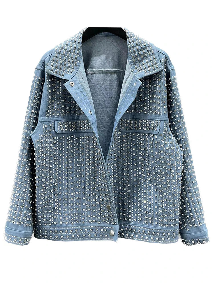 [EWQ] Streetwear Patchwork Rivet Denim Jacket Women Fashion Lapel Long Sleeve Loose Coats Female Outerwear 2024 Autumn New Trend  Amaijoin