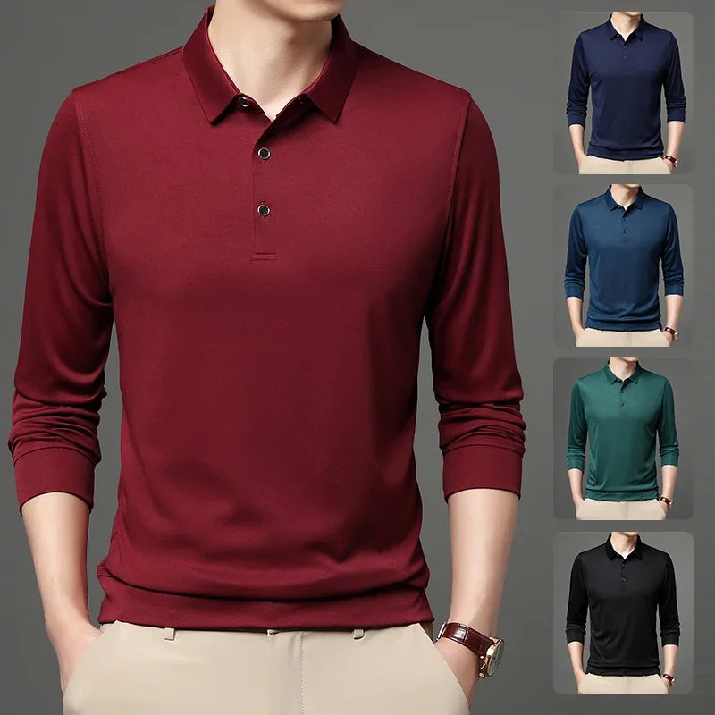 5-color Men's Solid Color Casual Fashion Long Sleeved Polo T-shirt  Amaijoin