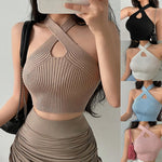 Load image into Gallery viewer, Sexy Cross Vest Crop Tops Women Sports T-shirt Knitted Off Shoulder V-Neck Solid Backless Tank Vest Halter y2k Top Camisole 2022  Amaijoin
