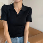 Load image into Gallery viewer, HELIAR Women Knitted Polo Shirts Summer V-Neck Short Sleeves Solid Casual Crop Tops For Women Slim Y2K Sexy Tops Spring  Amaijoin
