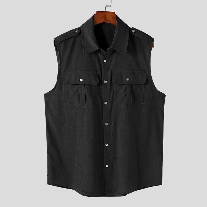 INCERUN Men Shirt Solid Color Cotton Lapel Sleeveless Button Casual Men Clothing Streetwear Summer 2024 Breathable Camisas S-5XL  Amaijoin