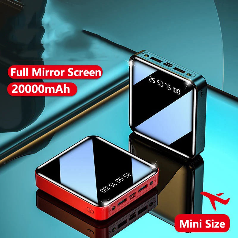 20000mAh Mini Power Bank Portable Charger Full Mirror Screen LED Light Digital Display Poverbank External Battery Pack Powerbank  Amaijoin