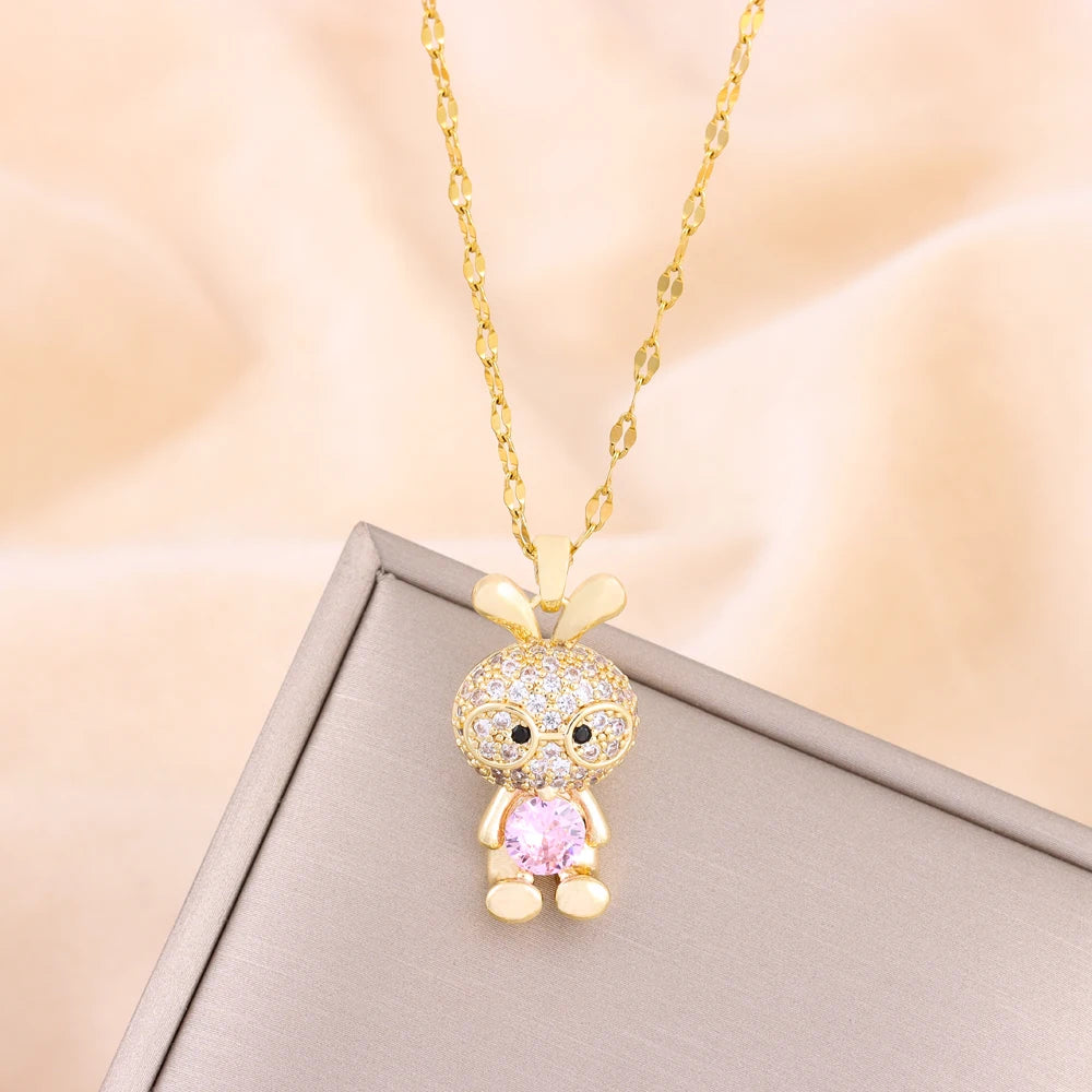 New In Sparkling Sweet Sexy Zircon Crystal Rabbit Pendant Necklaces For Women Trendy Ladies Stainless Steel Neck Chain Jewelry  Amaijoin