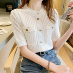 Carregue a imagem no visualizador da Galeria, 2023 Summer New French GentleIce Silk Round Neck Short Sleeve T-shirt Women&#39;s Solid Button Small Fragrant Wind Knitted Slim Top  Amaijoin
