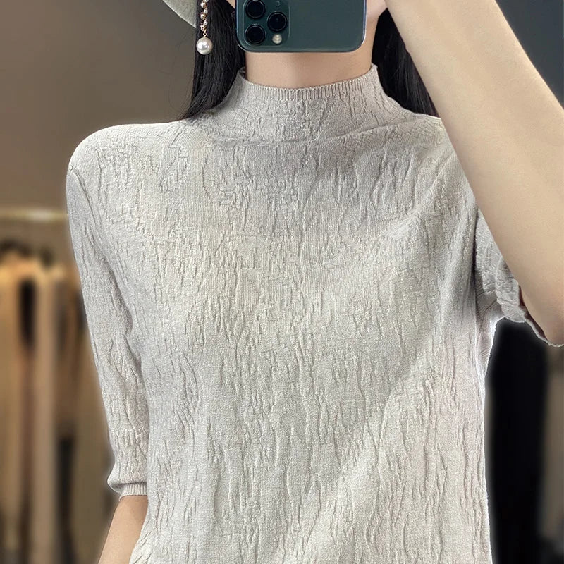 Spring and Summer2023 New Women's Half-high collar Short-Sleeved Exquisite Cashmere Sweater Pullover  Amaijoin