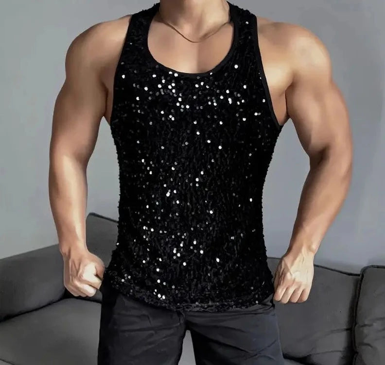 INCERUN Men Tank Tops Sequins Sparkling O-neck Sleeveless Casual Male Vests Streetwear 2024 Summer Fashion Party Men Clothing  Amaijoin