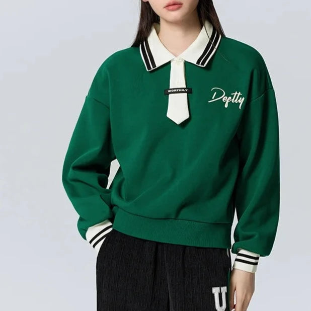 Semir Sweatshirt Women Polo Collar Letter Art Winter Loose Contrasted Color Temperament Trendy Plus Velvet Pullover  Amaijoin