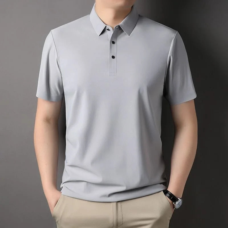 High quality wrinkle resistant ice silk short sleeve t-shirt men's summer Lapel loose casual solid color top high-end polo men  Amaijoin