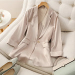 Load image into Gallery viewer, Champagne color Triacetic Acid fabric women blazers Small Suits coat Slim Fitting Waist Closing Silk Satin Suits Thin Coats  Amaijoin
