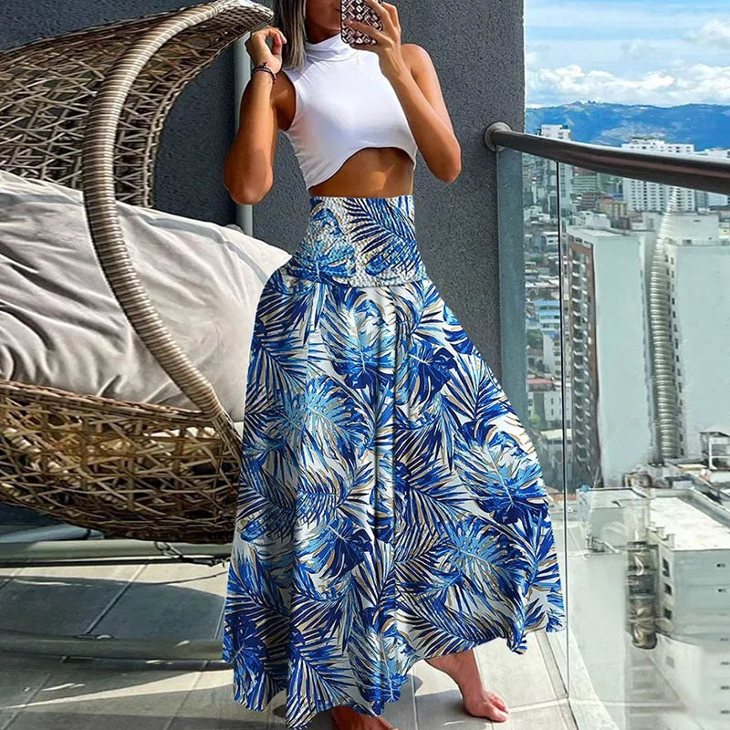 Summer Fashion High Waist Thin Printing Female Skirts Commute Elegant Elastic Waist Bohemia Holiday A-line Skirt Versatile Dress  Amaijoin