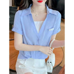 Load image into Gallery viewer, Polo Shirts for Women 2024 Fashionable French V-neck Fake Two White Shirts Summer Design Korean Loose Short Sleeved Shirt Top  Amaijoin
