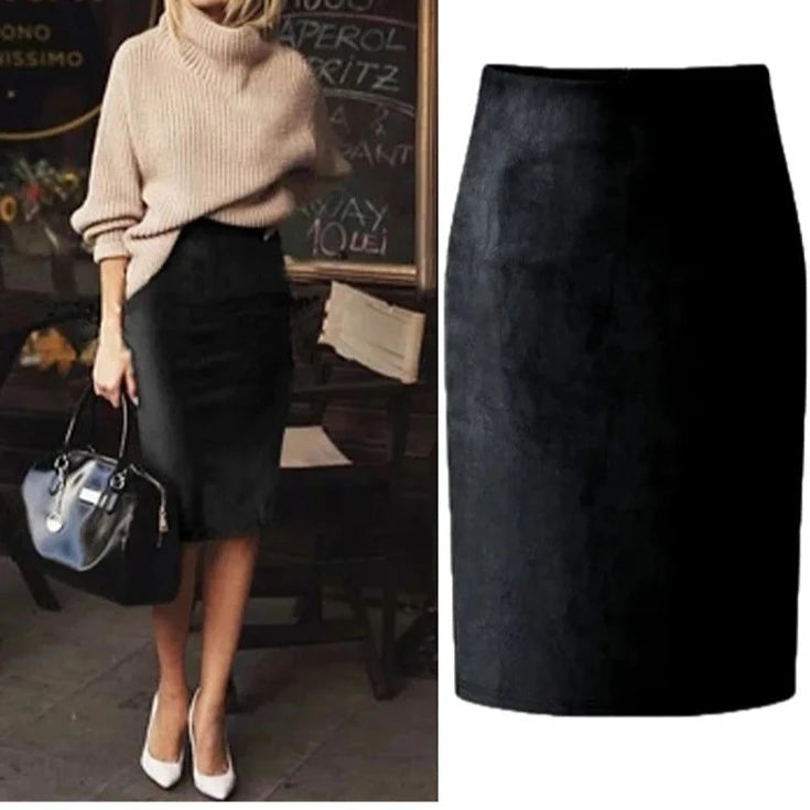 Sexy Multi Color Suede Midi Pencil Skirt Women Fashion Elastic High Waist Office Lady Bodycon Skirts Saias  Amaijoin