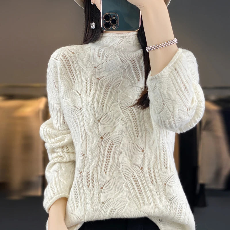 100% Australian Wool Sweater Solid Color Knitted Hollow Half High Collar Women's Pullover Sweater Slim Fit Exquisite Thin Style  Amaijoin