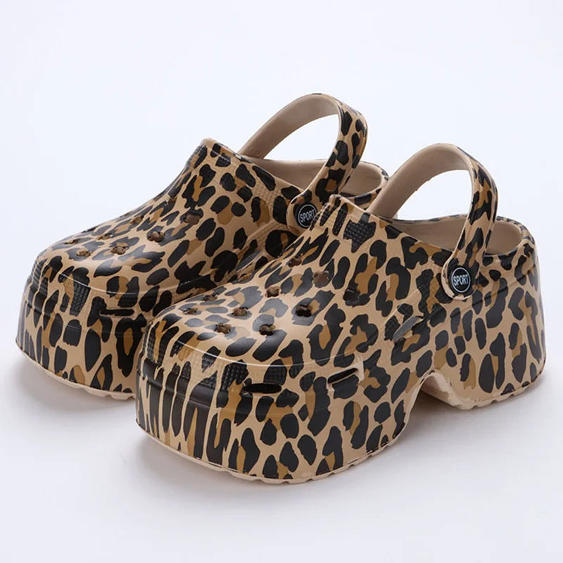 Leopard Thick Bottom Clogs for Women Closed Toe Chunky Platform Sandals Woman Summer 2023 Super High Wedge Heel Slippers Female  Amaijoin