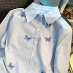 Load image into Gallery viewer, DUOJIHUI Blue Fashion Butterfly Embroidery Sweet Women Shirt Spring Loose Simple Single Breasted Casual Solid Color Female Shirt  Amaijoin
