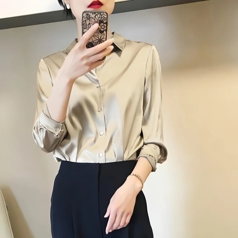 All-match Satin Finish Shirts And Blouses Women Clothing Casual Top OL Long Sleeve Button Elegant Shirts French Solid Blouses  Amaijoin