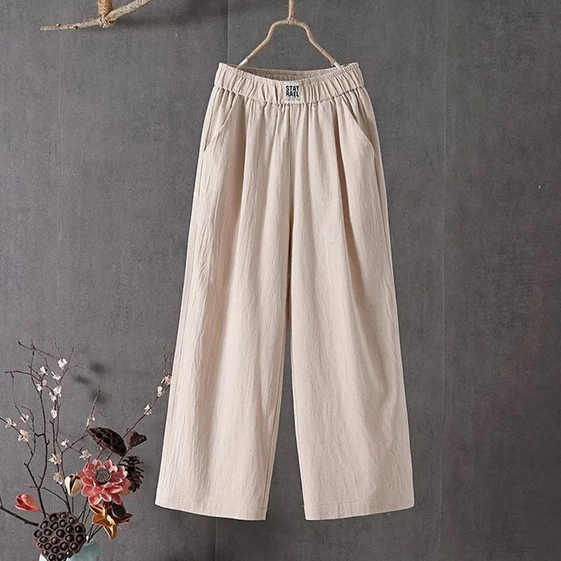 M-4xl Summer Elastic Waist Women's Pants Casual Solid Cotton Linen Ankle Length Pants Female 2023 High Quality Baggy Trousers  Amaijoin