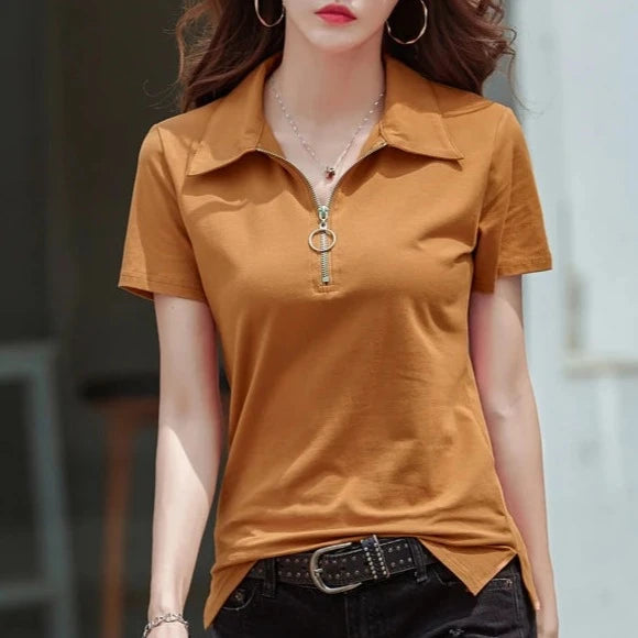 New 2024 Summer Women T Shirt Cotton Elegant Style Zipper Neck Fashion Office Lady Top Short Sleeve Polo For Women  Amaijoin