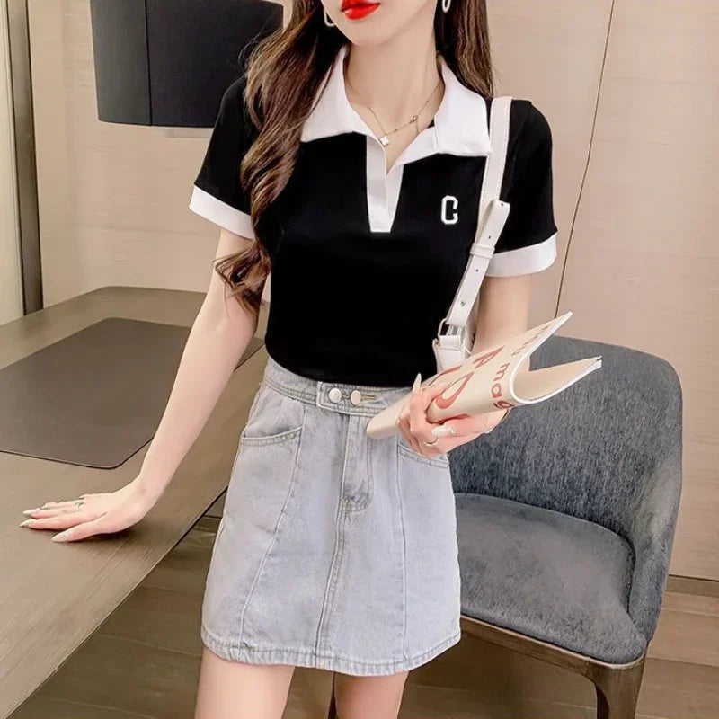 White Short Sleeve Tee Black Women's T Shirts Crop Top Clothes Polo Neck Shirt New Luxury V Aesthetic Sale Y2k Fashion Trend  Amaijoin