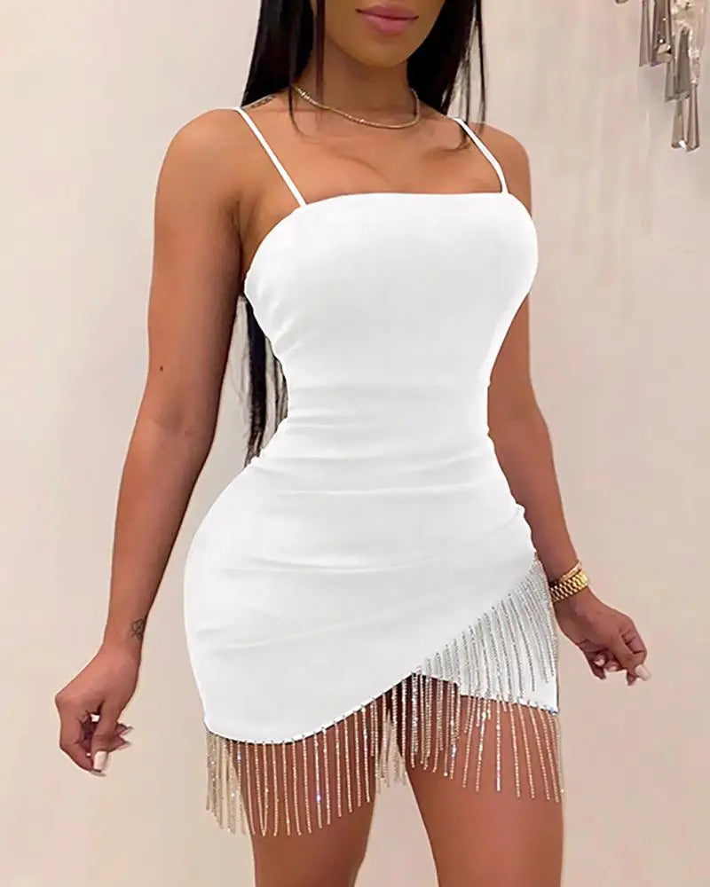 New Woman Party Night Birthday Tassel Split Sleeveless Bodycon Dress Summer Elegant Suspender Short Mini Pencil Sexy Dresses  Amaijoin