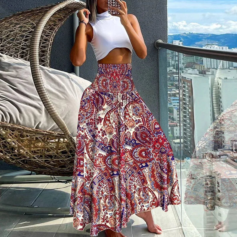 Summer Fashion High Waist Thin Printing Female Skirts Commute Elegant Elastic Waist Bohemia Holiday A-line Skirt Versatile Dress  Amaijoin