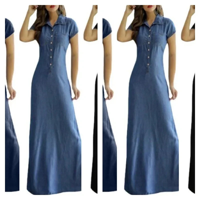 Europe And America Cross Border New Long Dress Shirt Collar Split Pocket Large Swing Dress Large Casual Denim Dress  Amaijoin