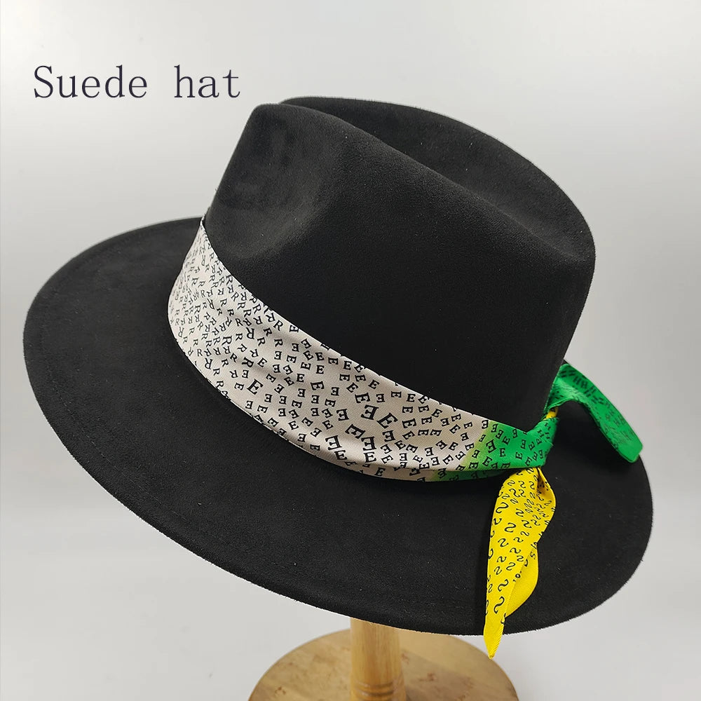 Hand-painted Fedora Hat Men's and Women's Hat Panama Spring Autumn Fashion with Wrapped Feather Wool Fedora Hat Big Brim  Amaijoin