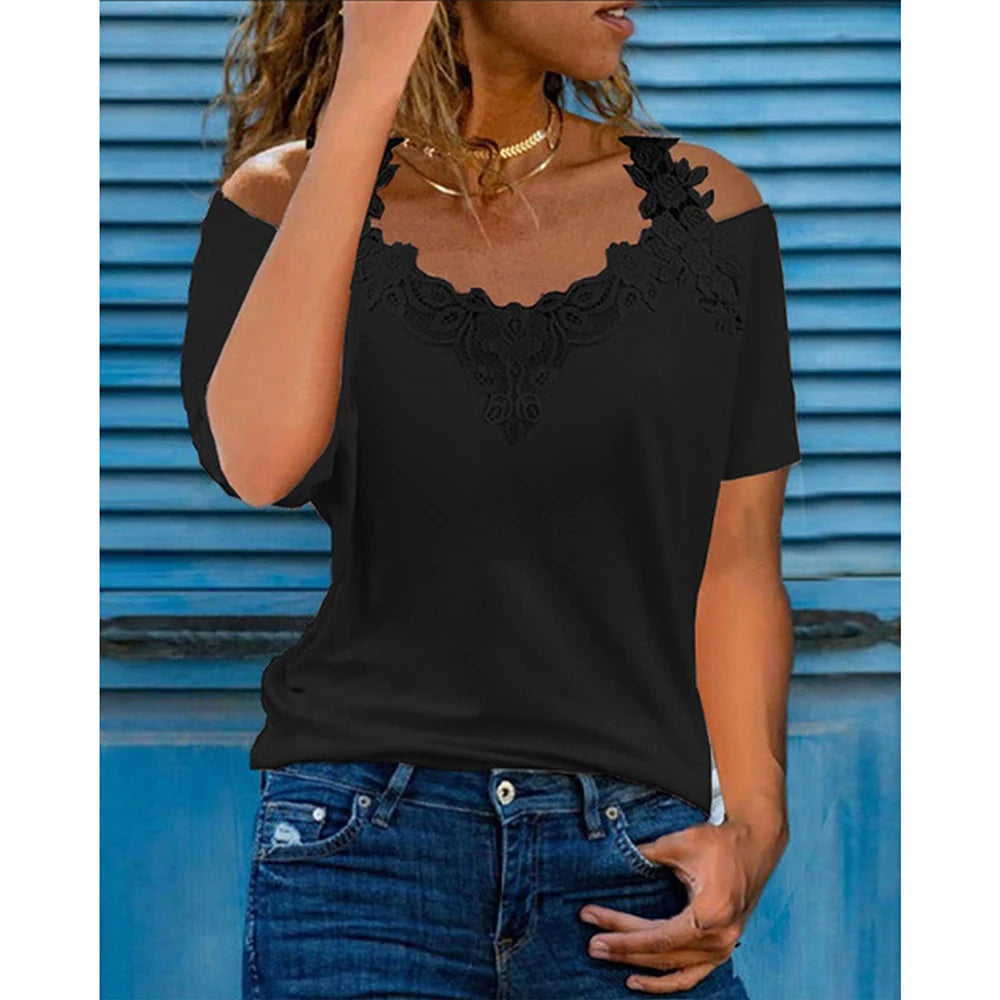 V-Neck Lace Short Sleeved T-shirt 2023 Summer Women Clothing Casual Shirt Tees Y2K Crop Clothes Elegant Female Pullover Topso  Amaijoin