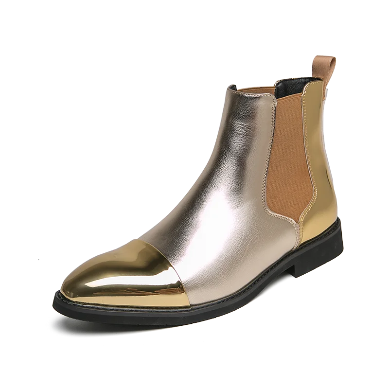 2023 Fashion New Arrivals Men Gold Chelsea Boots Leather Glitter Men's Brogue Boots Pointed Slip-on Men's High Top Leather Shoes  Amaijoin