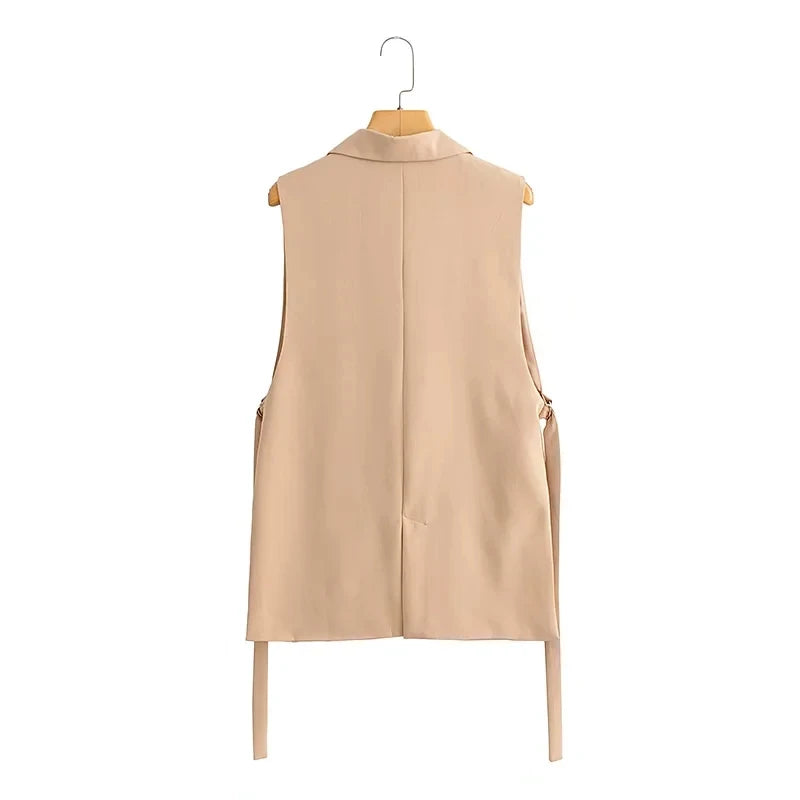 XNWMNZ 2024 Women Fashion With Taps Side Vents Waistcoat Vintage Sleeveless Front Button Outerwear Female Chic Vest Tops  Amaijoin