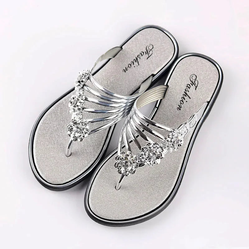 Luxury Rhinestones Flowers Flip Flops Women Summer 2024 Ladies Slippers Flats Sandals Woman Comfortable Anti-Skid Beach Shoes  Amaijoin