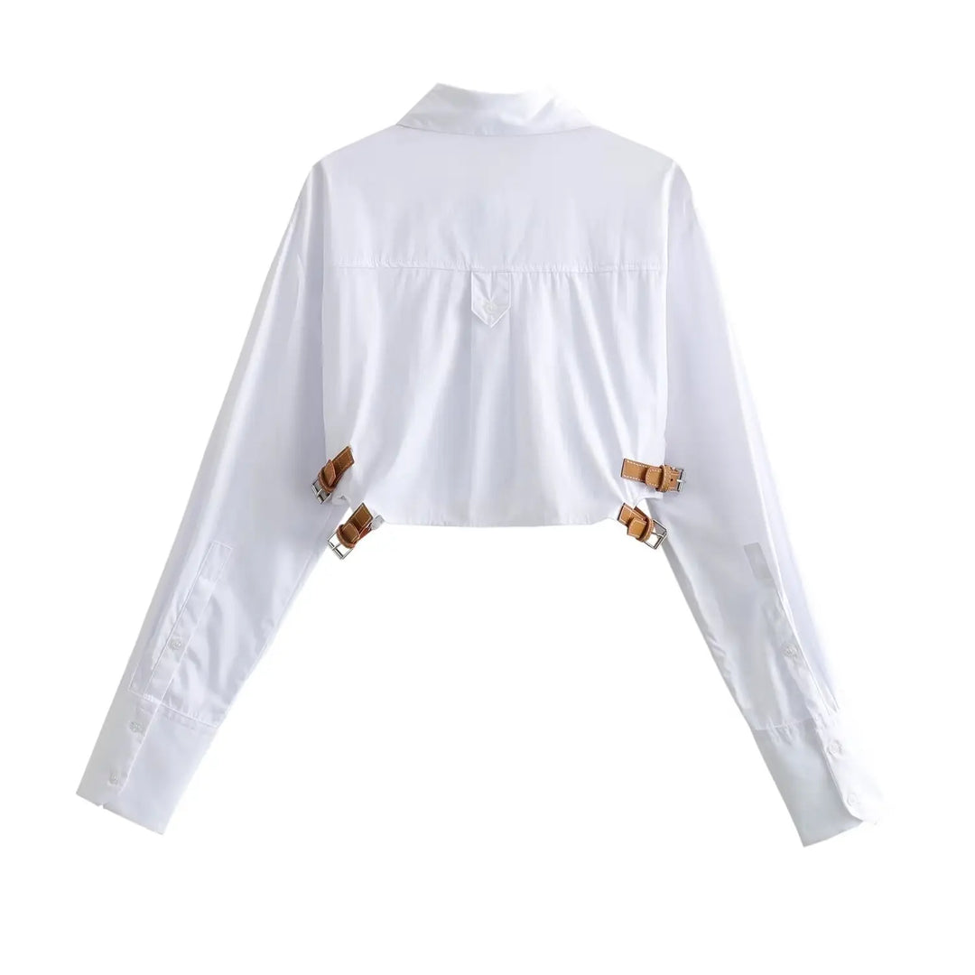 Women's New Shirt Poplin Belt Decoration Slim Fit Short Fashion Casual Versatile Long sleeved Top  Amaijoin