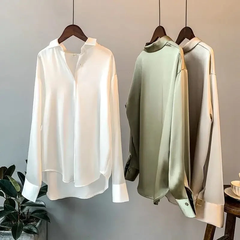 Long Sleeve Satin Silk Tops for Women Button Up Clothes Loose Womens Shirt & Blouse Economic with Free Shipping Trend 2024 M S  Amaijoin