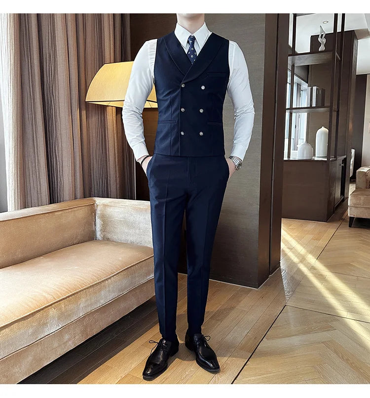 High Quality Double-Breasted Solid Mens Vest Coat Korean Style Business Slim Fit Male Waistcoat Groom Wedding Dress Suit Vests  Amaijoin